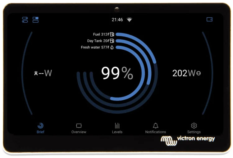 Victron GX Touch display showing system SOC, solar yield, and tank levels