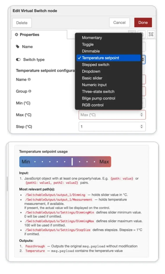 Victron Node-RED configuration interface for virtual switch nodes and temperature setpoints